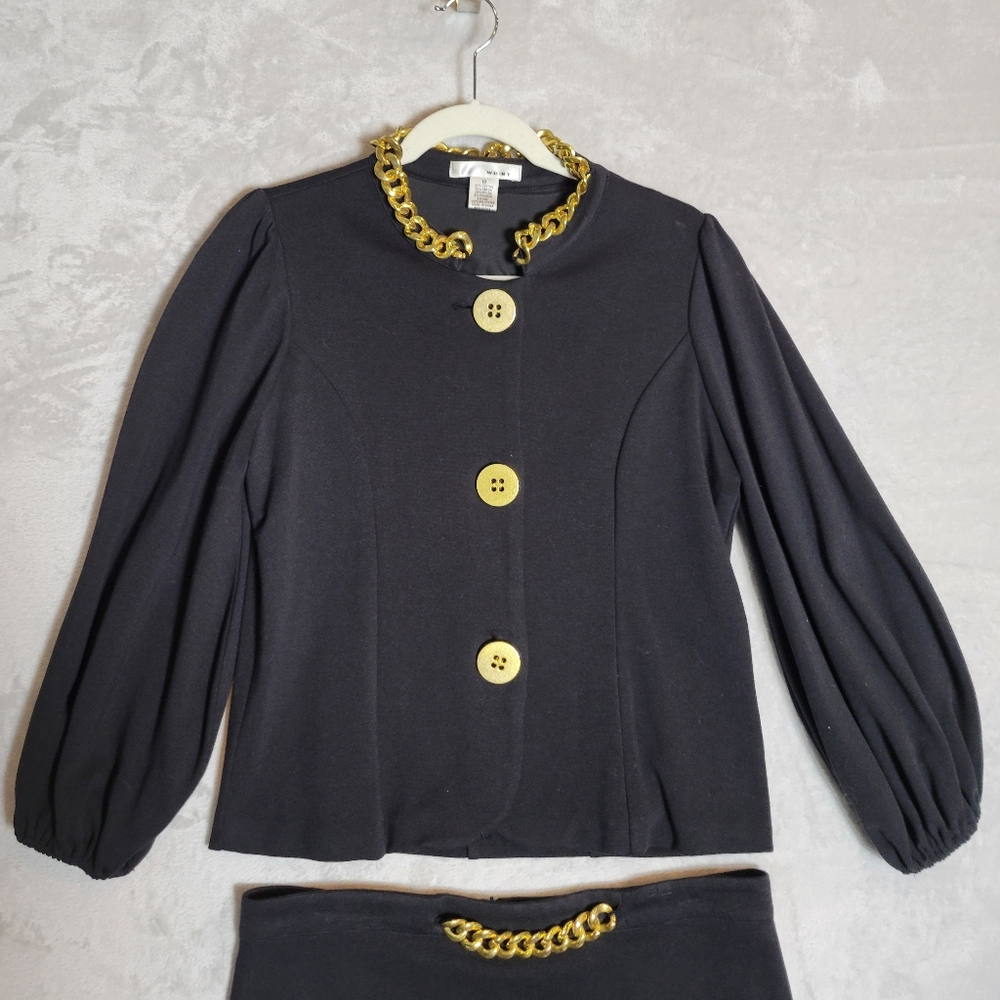 Vintage 90s Black Skirt Suit Gold Curb Link Chain Embellished Sz 10 Power Suit - Picture 3 of 16
